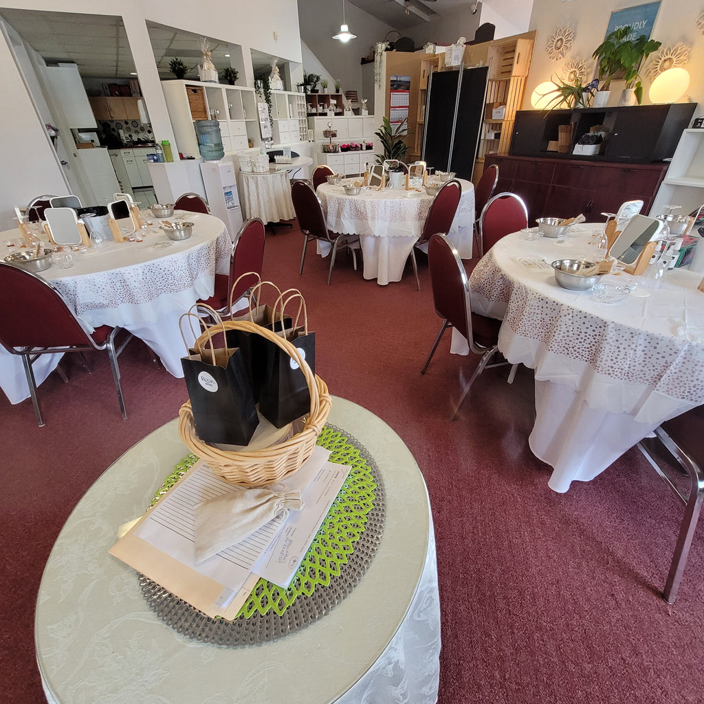 Top-down view of an interior with tables, chairs, and decor.